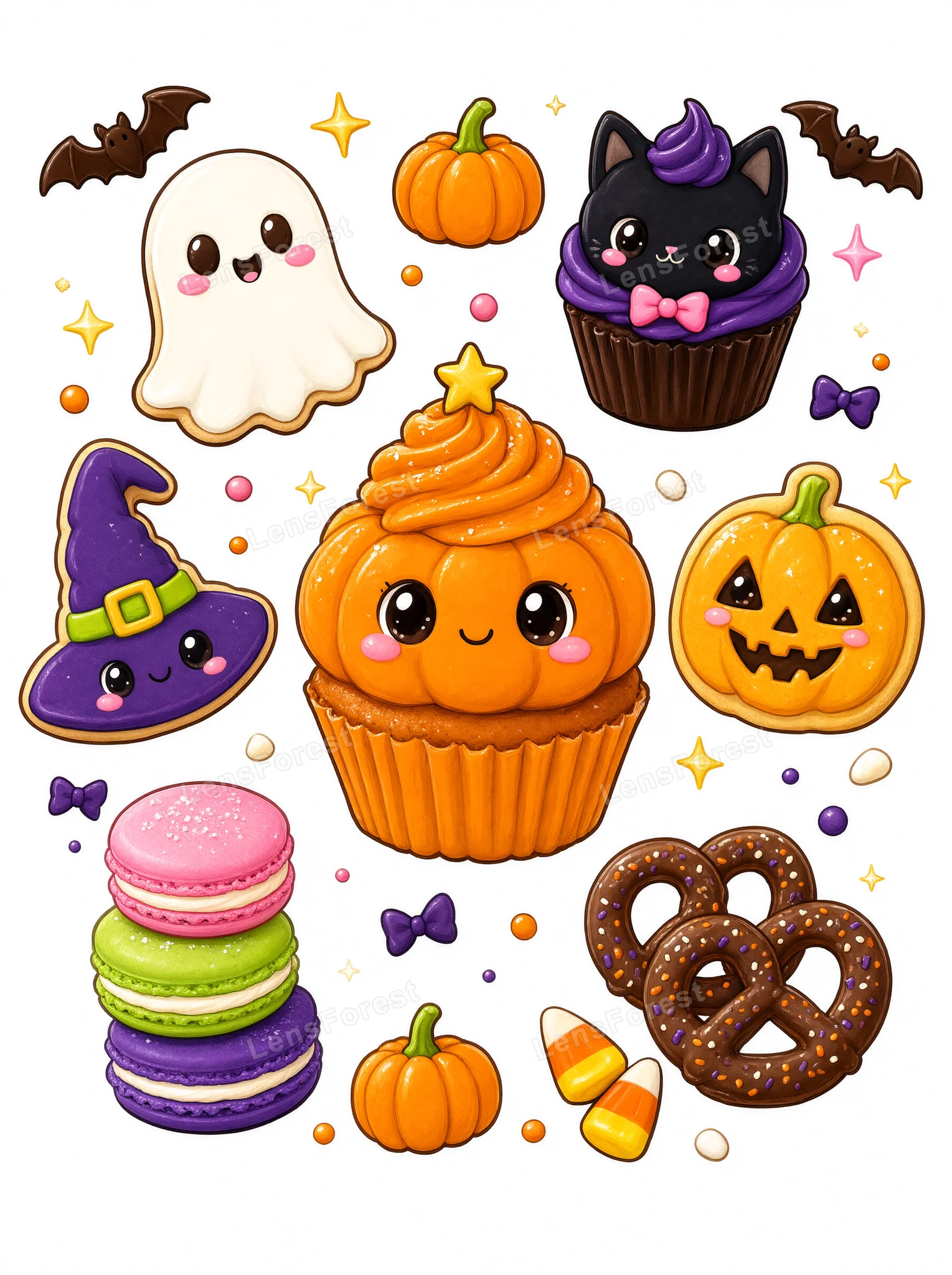 A digital illustration of various Halloween-themed sweets including a ghost cookie, cat cupcake, pumpkin cupcake, and candy corn on a white background.