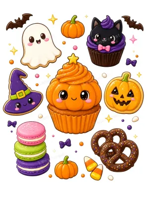A digital illustration of various Halloween-themed sweets including a ghost cookie, cat cupcake, pumpkin cupcake, and candy corn on a white background.