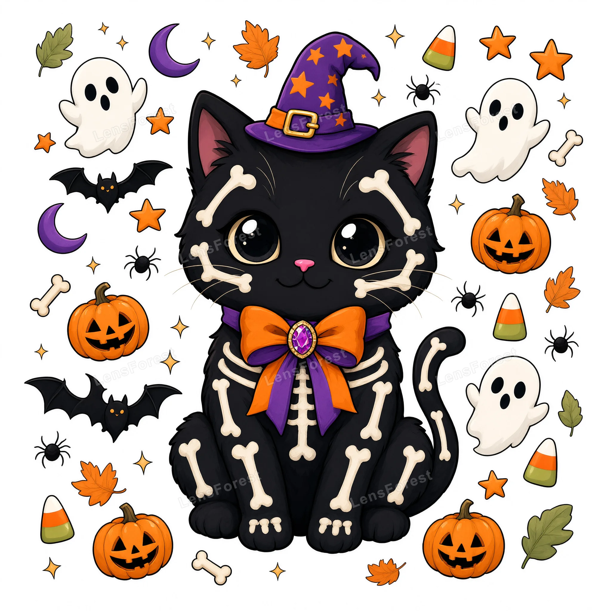 A cartoon black kitten with a skeleton print wearing a witch hat, surrounded by Halloween icons like pumpkins, ghosts, and bats on a white background.