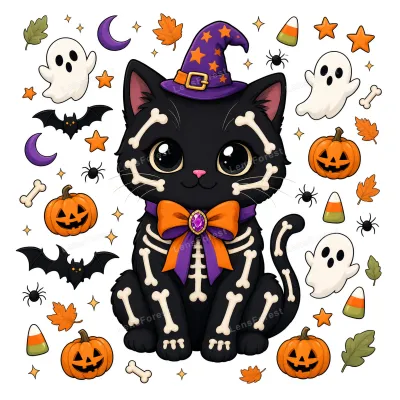 A cartoon black kitten with a skeleton print wearing a witch hat, surrounded by Halloween icons like pumpkins, ghosts, and bats on a white background.