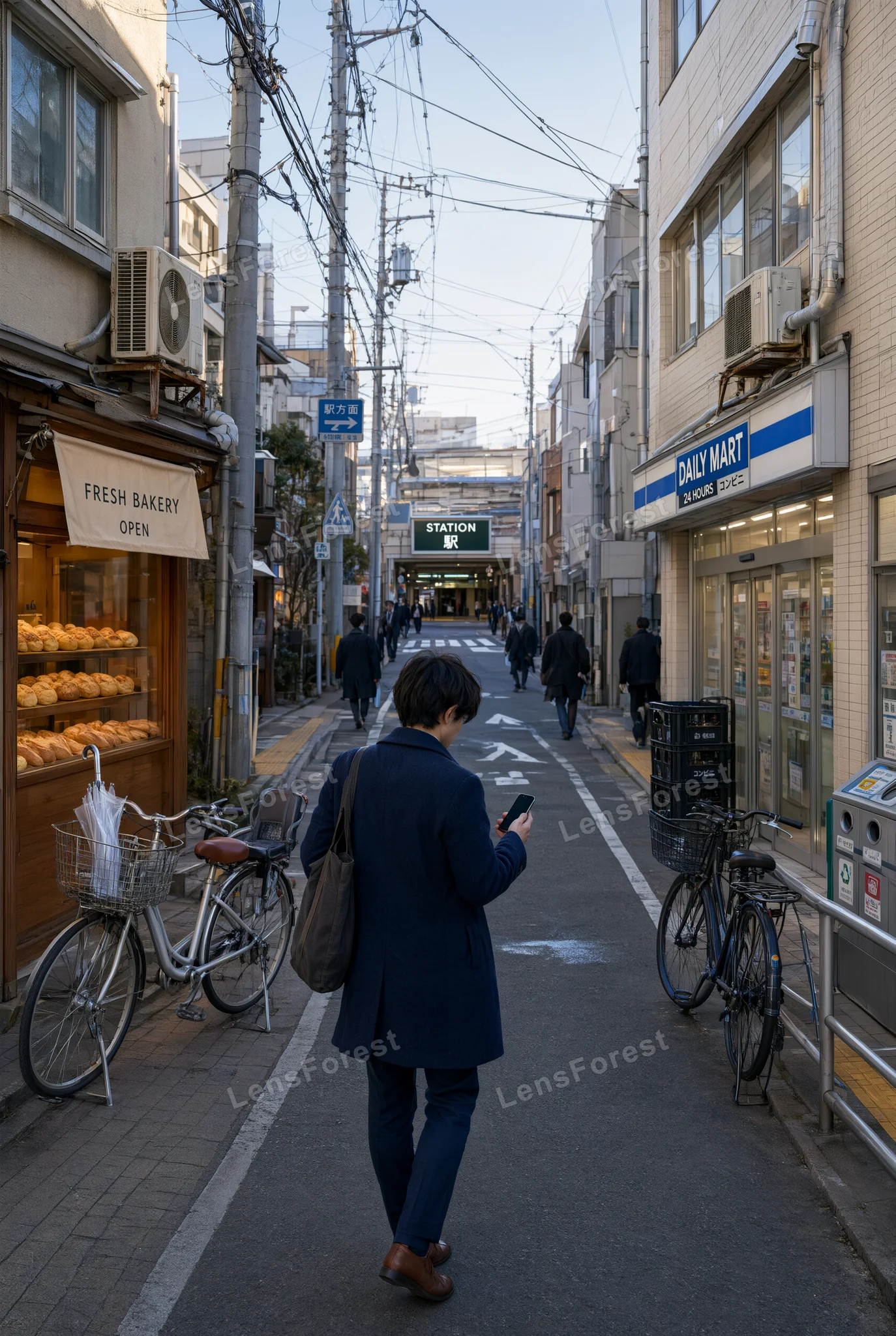 A man walks down a narrow Japanese street looking at his phone, flanked by a bakery and a convenience store.