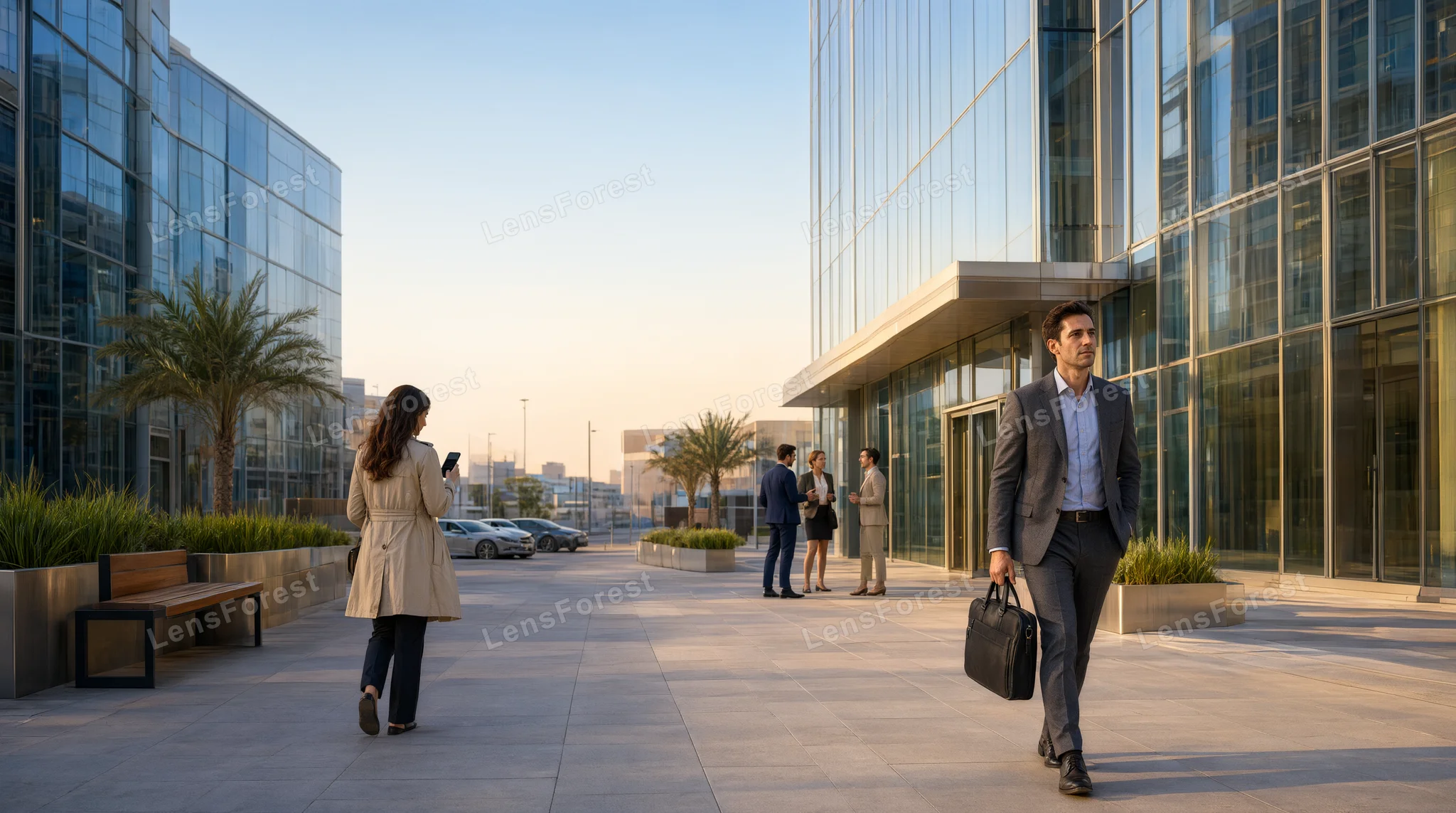 Business people in formal suits walking and talking on a modern office building plaza at sunset.