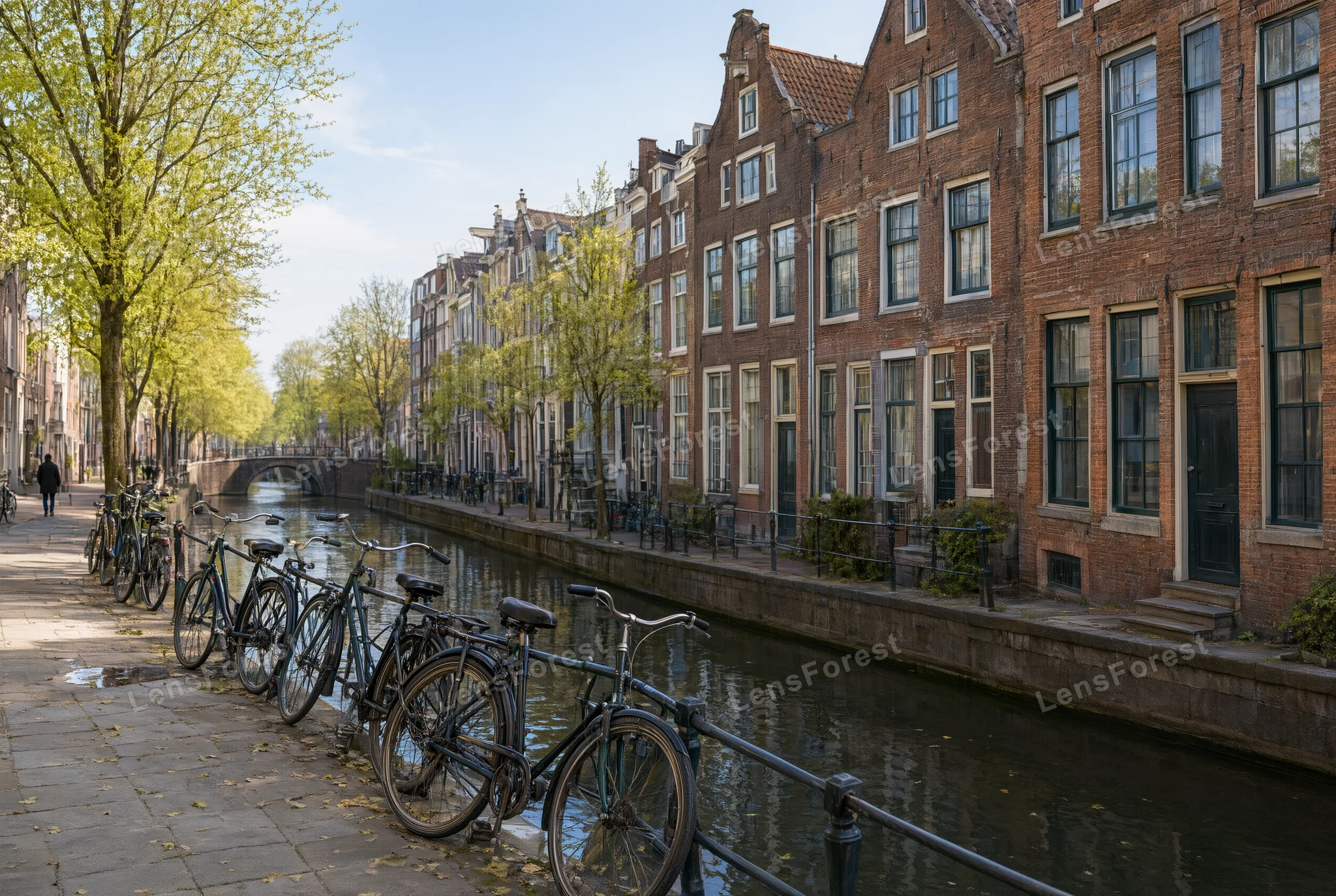 A row of bicycles parked along a canal railing in front of historic brick houses in Amsterdam.