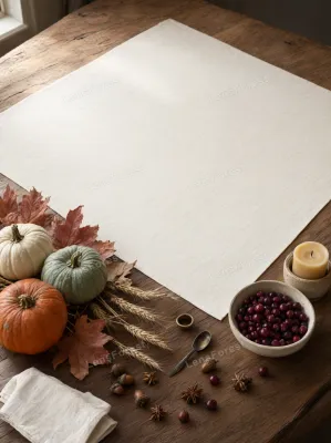 Flat lay of pumpkins, cranberries, wheat, and autumn leaves on a wooden table with a white linen cloth.