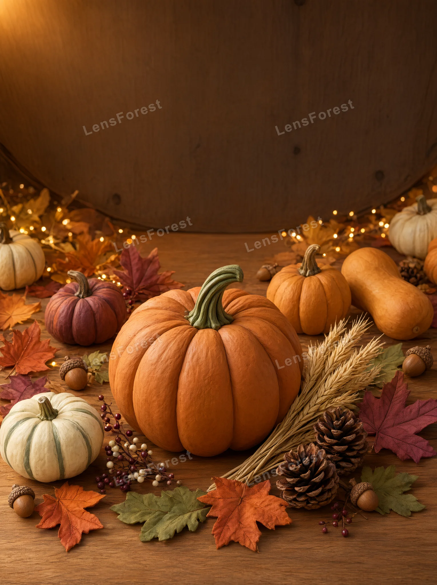 A large orange pumpkin surrounded by smaller gourds, pinecones, wheat, and autumn leaves on a wooden table with fairy lights.