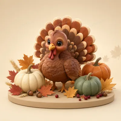 A 3D rendered cute turkey standing on a wooden base surrounded by pumpkins, autumn leaves, wheat, and acorns on a beige background.