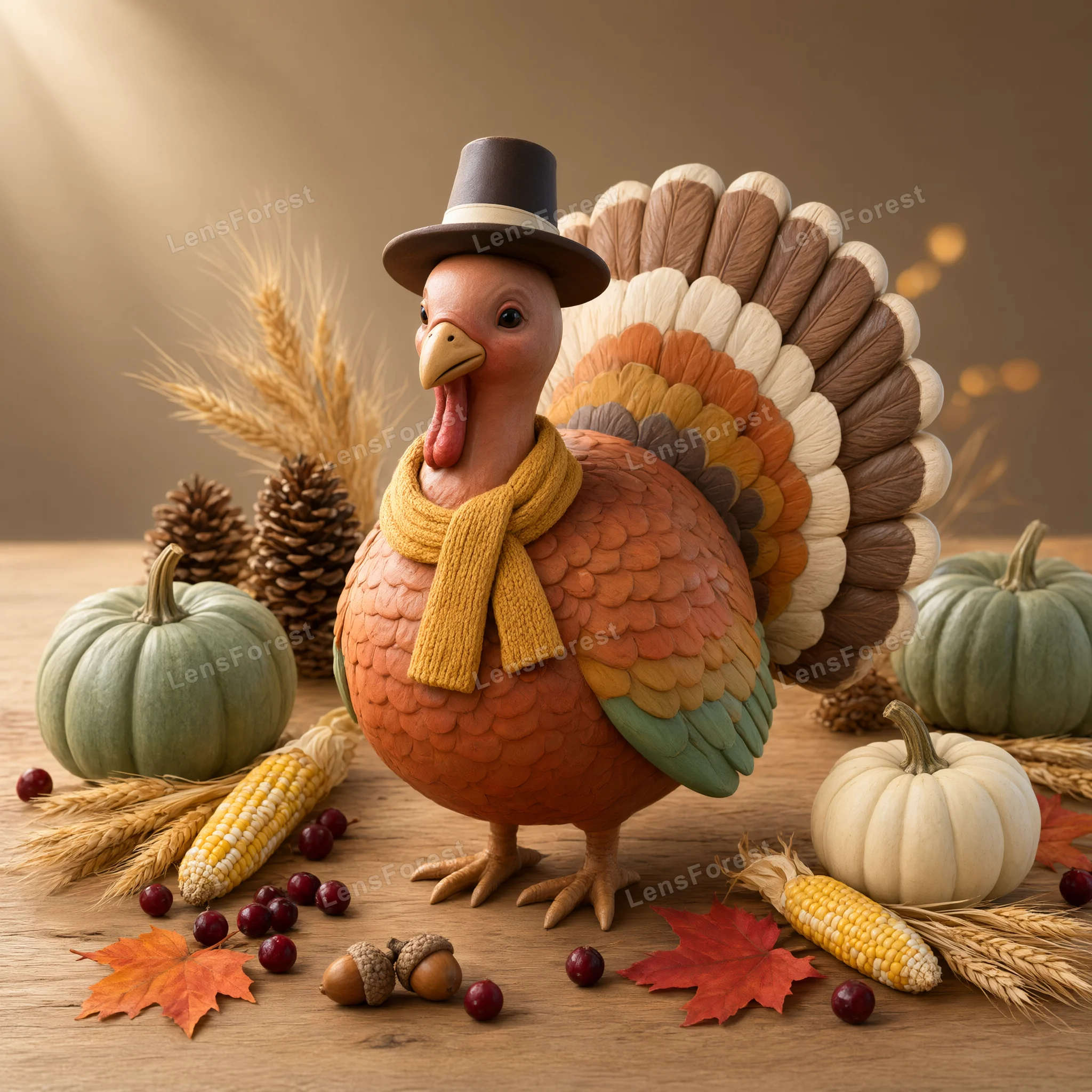 A decorative turkey figurine with a hat and scarf surrounded by pumpkins, corn, pinecones, and autumn leaves on a wooden table.