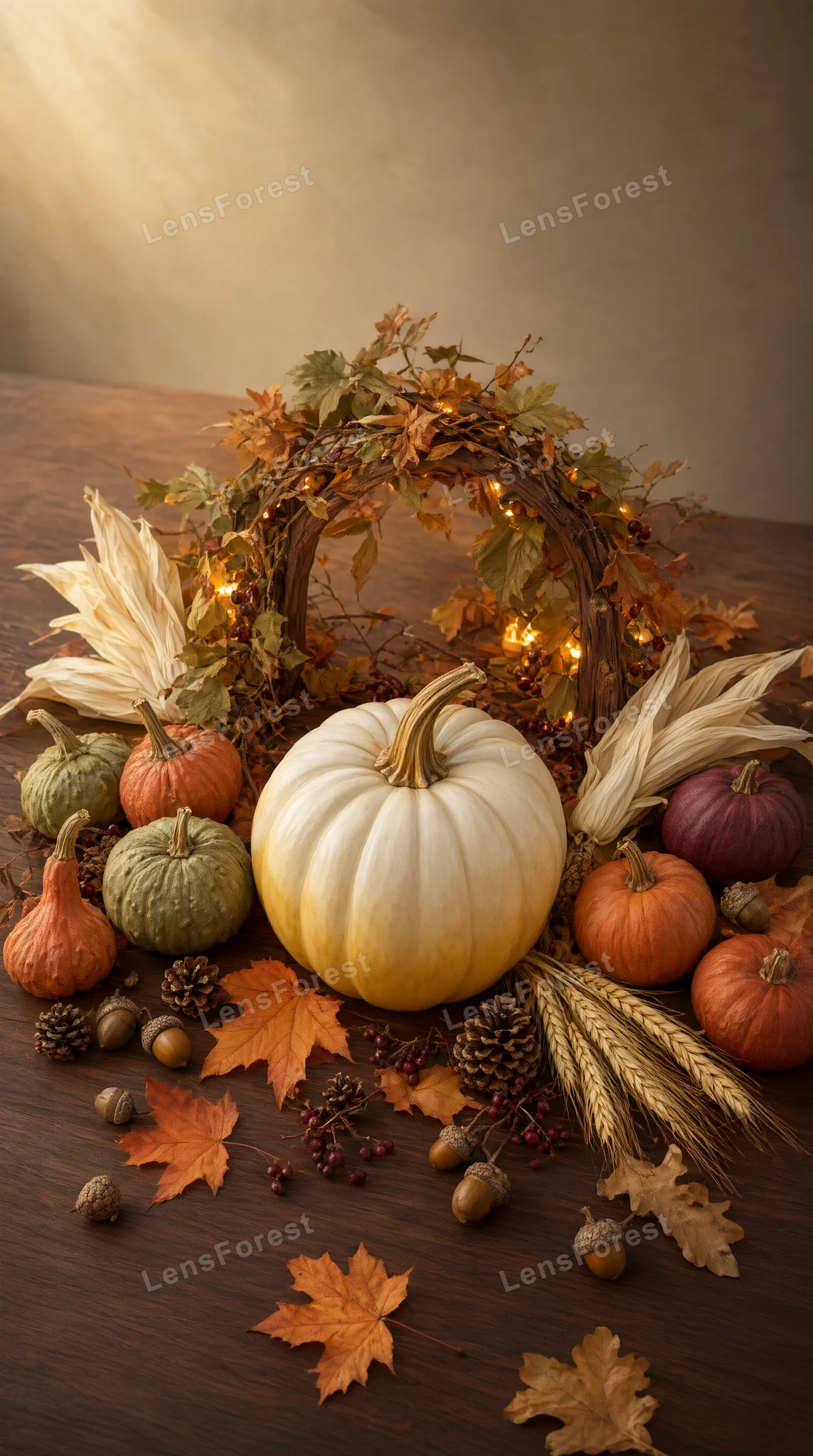 A large white pumpkin surrounded by smaller gourds, pinecones, acorns, and wheat on a wooden table with a lit autumn wreath.