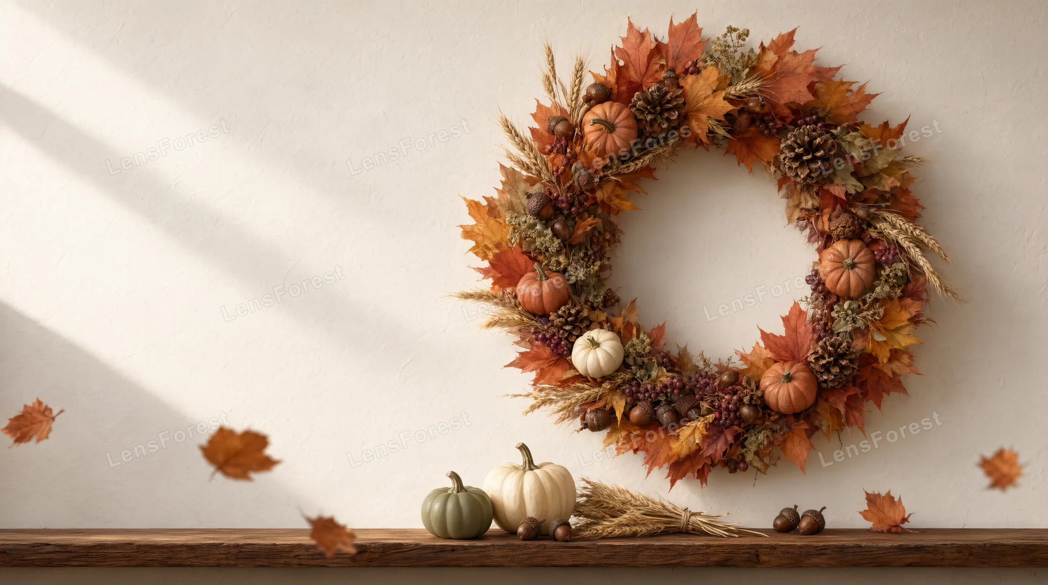 A fall wreath with maple leaves and pumpkins hangs above a wooden shelf featuring pumpkins, wheat, and acorns.