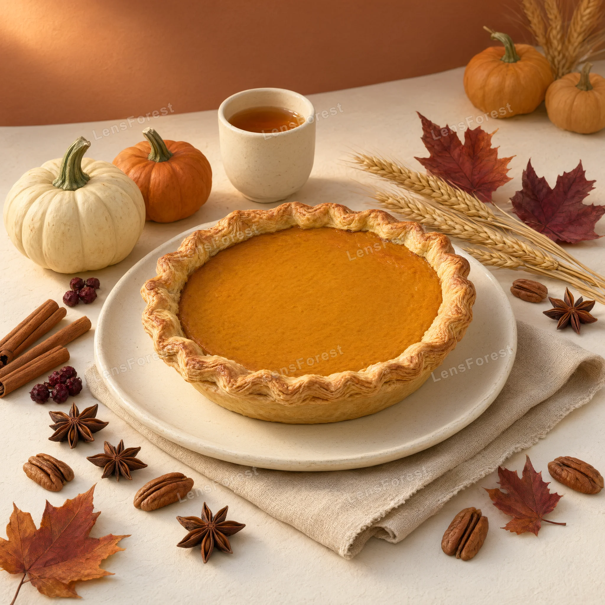 A pumpkin pie on a plate surrounded by pumpkins, autumn leaves, wheat, cinnamon sticks, star anise, and pecans.