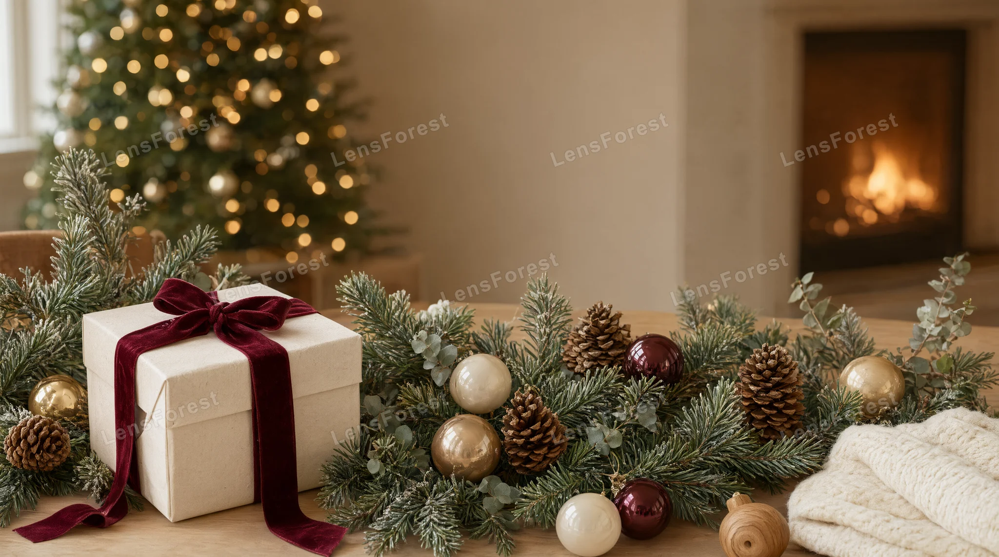 A white gift box with a red velvet ribbon on a table with pine branches, ornaments, and a blurred Christmas tree and fireplace in the background.