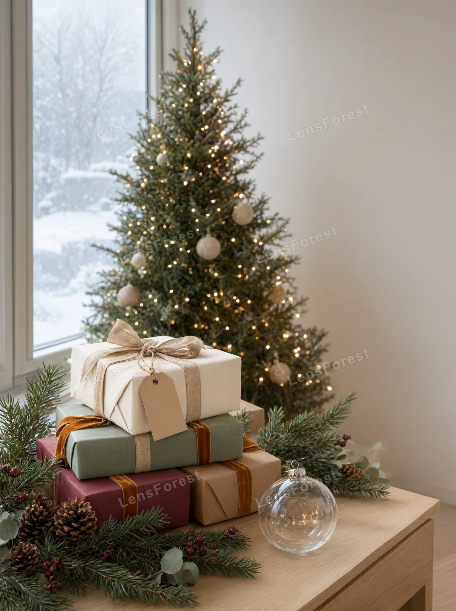 Three wrapped Christmas presents stacked on a wooden table with pine branches, berries, and a glass ornament.