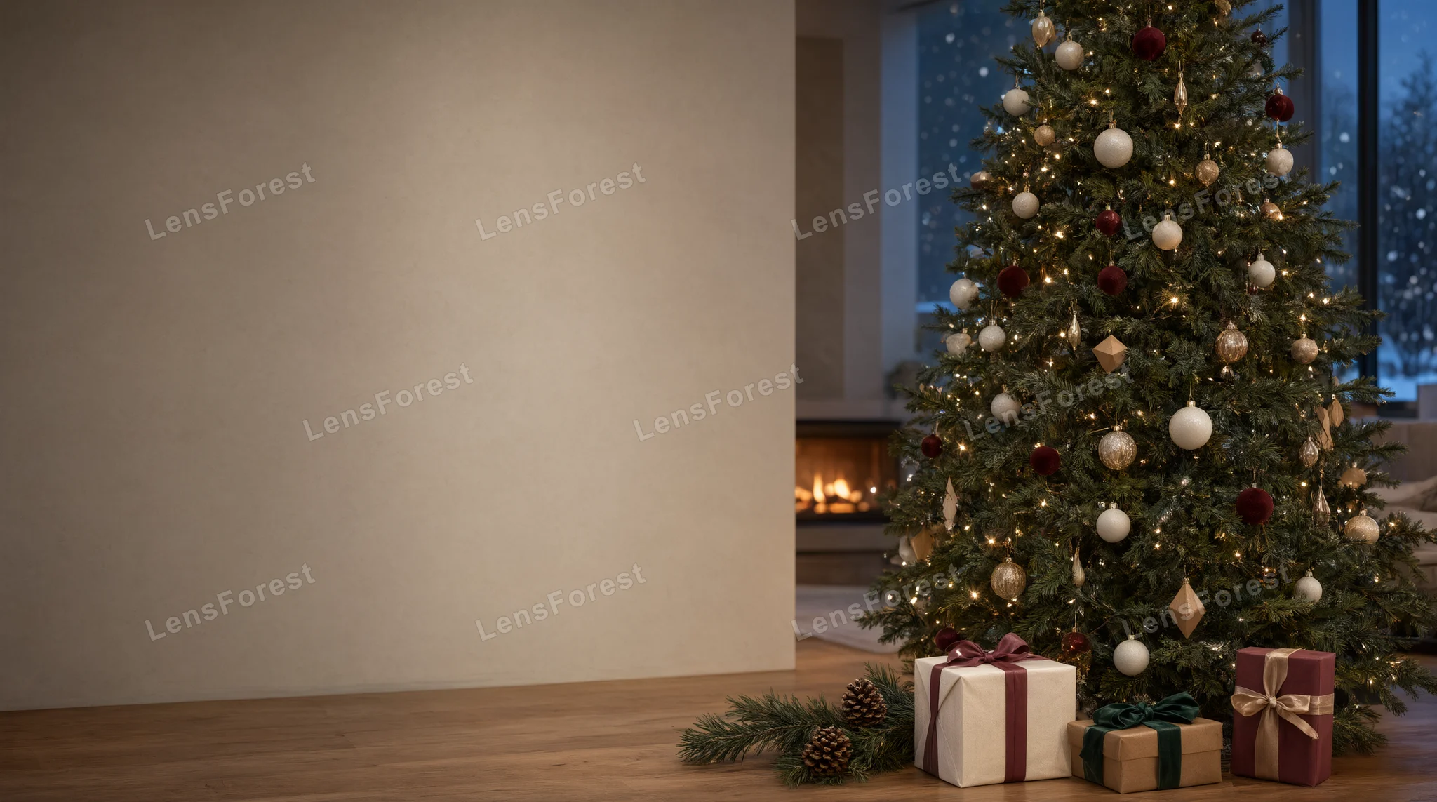 A decorated Christmas tree with wrapped gifts on a wooden floor in a modern living room with a fireplace and snowy window view.