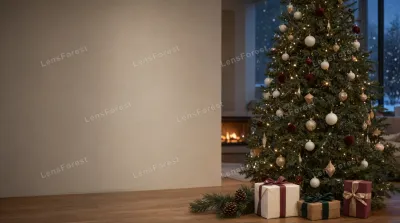 A decorated Christmas tree with wrapped gifts on a wooden floor in a modern living room with a fireplace and snowy window view.
