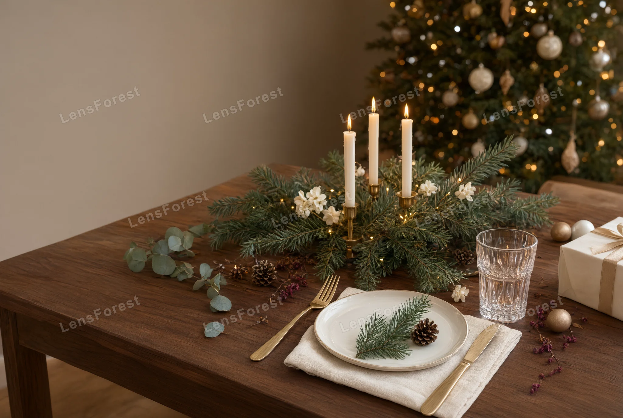 A Christmas table setting with a pine centerpiece, three lit candles, and a single place setting on a wooden table.