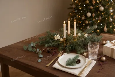 A Christmas table setting with a pine centerpiece, three lit candles, and a single place setting on a wooden table.