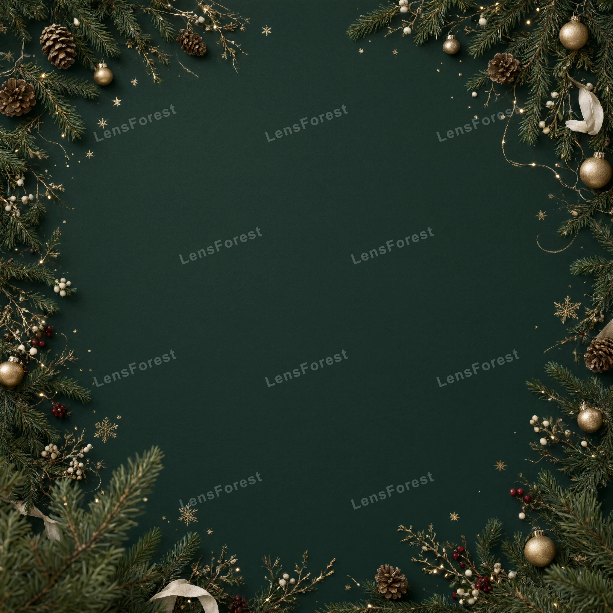 A flat lay of Christmas pine branches, golden ornaments, and pine cones forming a frame on a dark green background.
