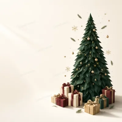 A stylized green paper Christmas tree decorated with gold ornaments and lights, surrounded by wrapped gift boxes on a neutral background.
