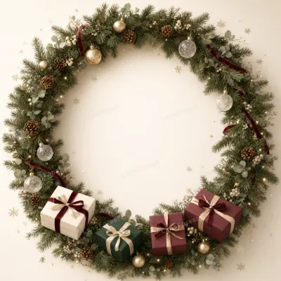 A Christmas wreath made of pine and eucalyptus with ornaments and gift boxes on a cream background.