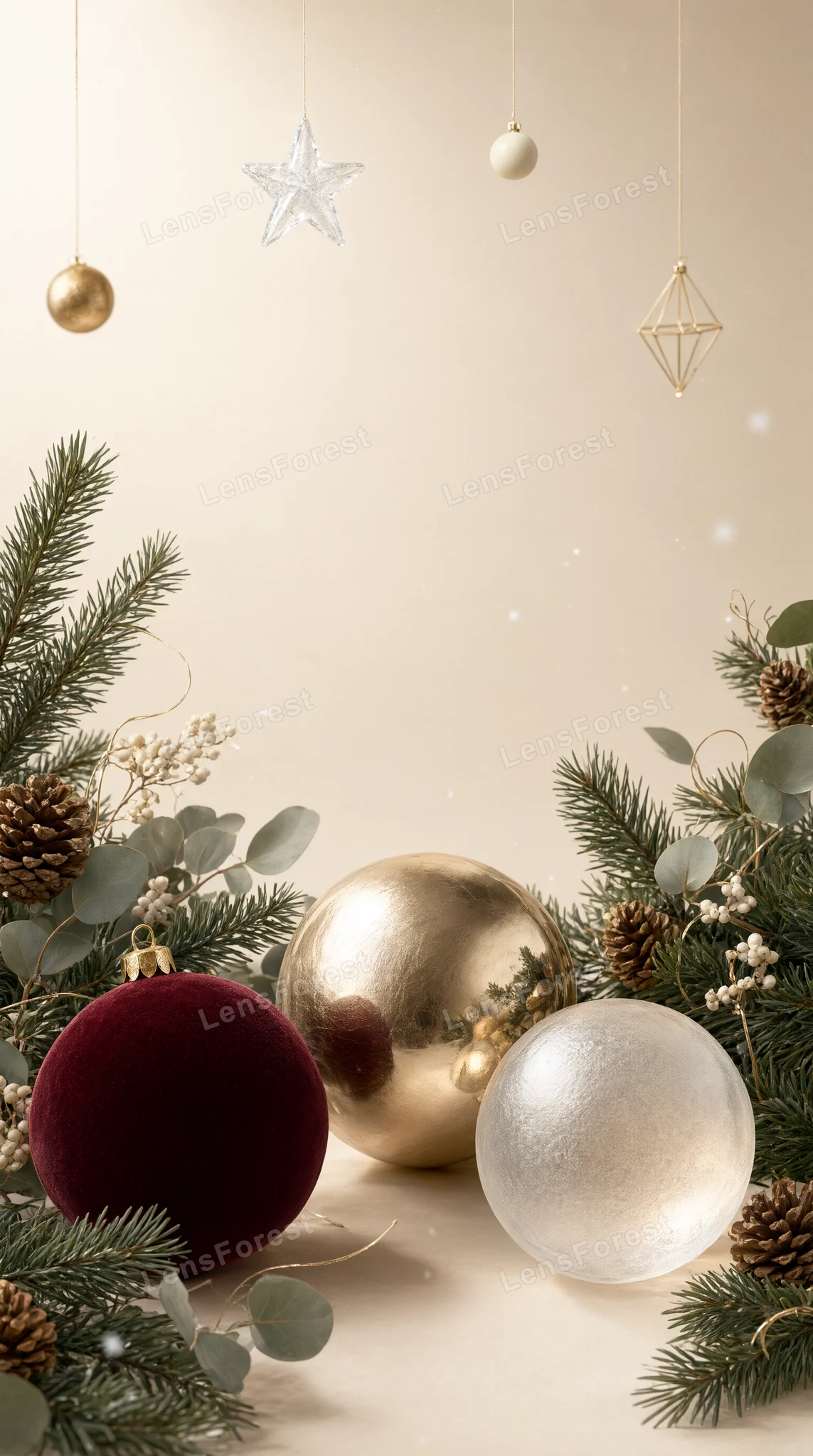 Three large Christmas baubles in red, gold, and frosted glass surrounded by pine branches and pinecones on a beige background.