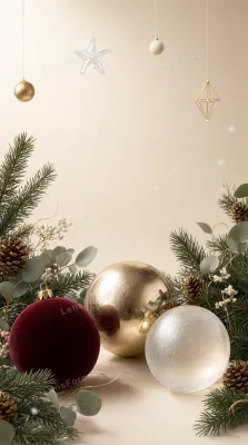 Three large Christmas baubles in red, gold, and frosted glass surrounded by pine branches and pinecones on a beige background.