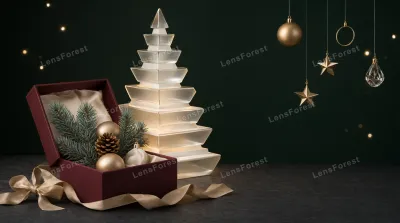 A dark red gift box containing gold ornaments and pine branches sits next to a glass Christmas tree, with hanging ornaments in the background.