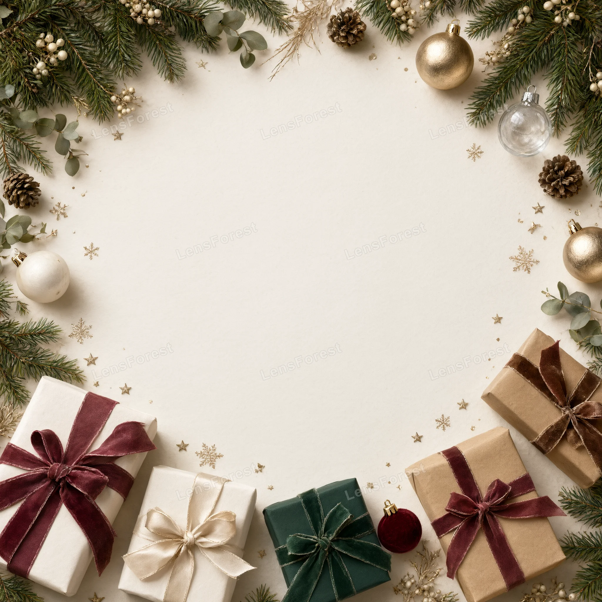 Top-down view of Christmas gift boxes, pine branches, pinecones, and ornaments arranged on a neutral background.