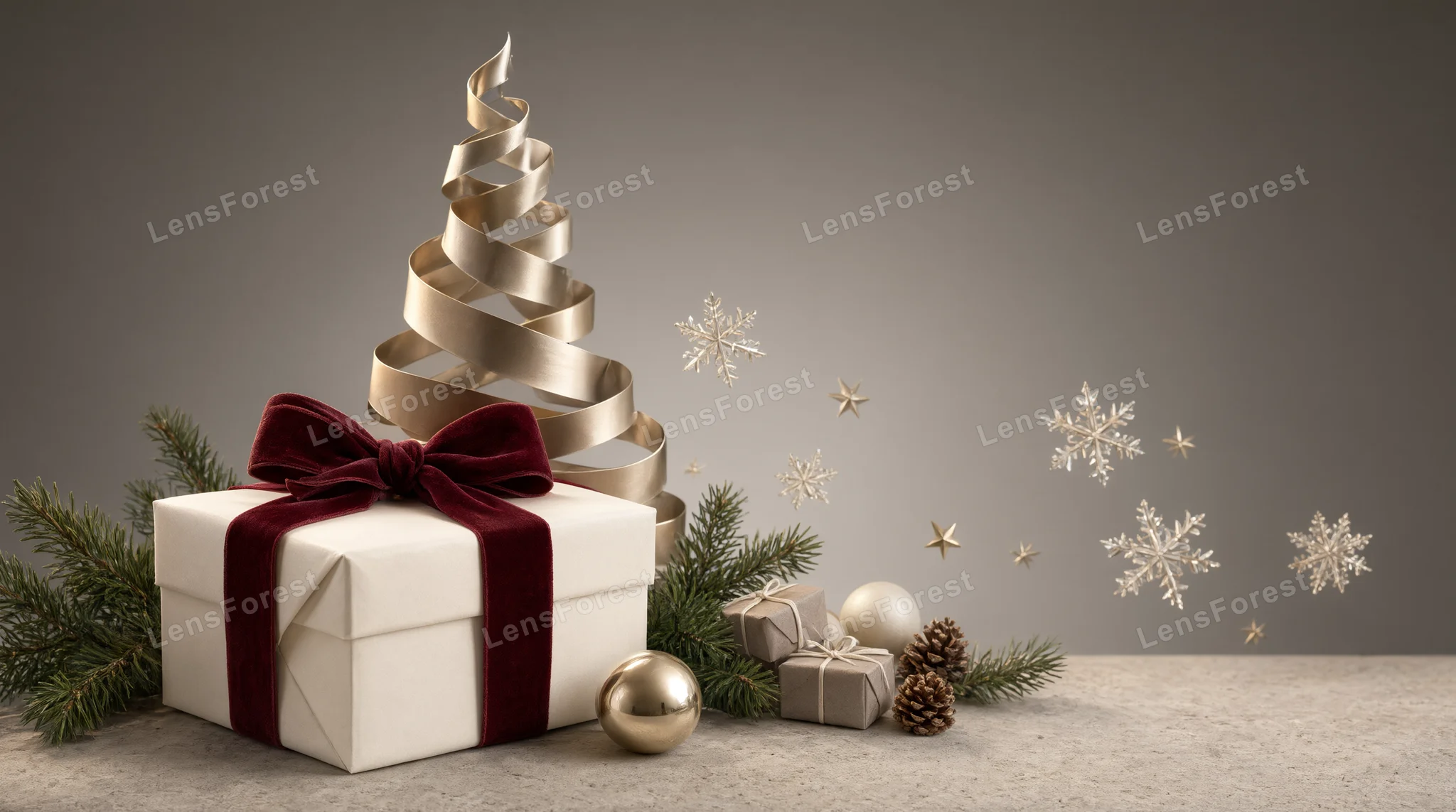 A white gift box with a red velvet bow sits beside a spiral gold ribbon Christmas tree, pine branches, and glass snowflakes on a stone surface.