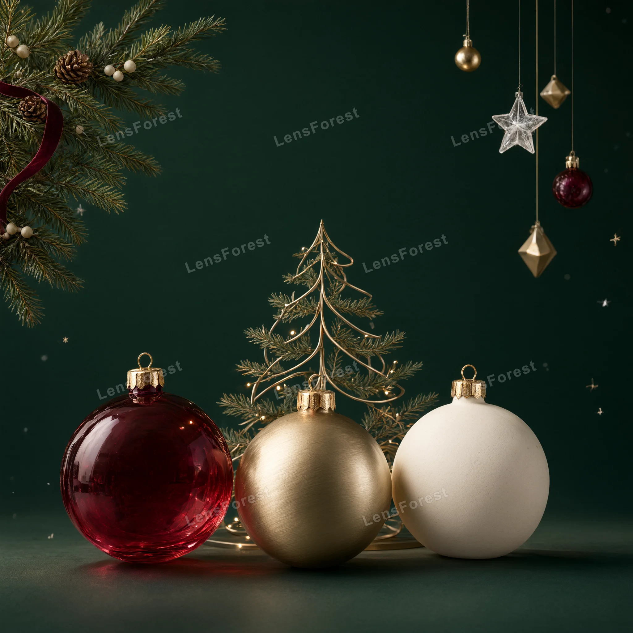 Three large Christmas baubles in red, gold, and cream sit in front of a wire Christmas tree on a dark green surface.