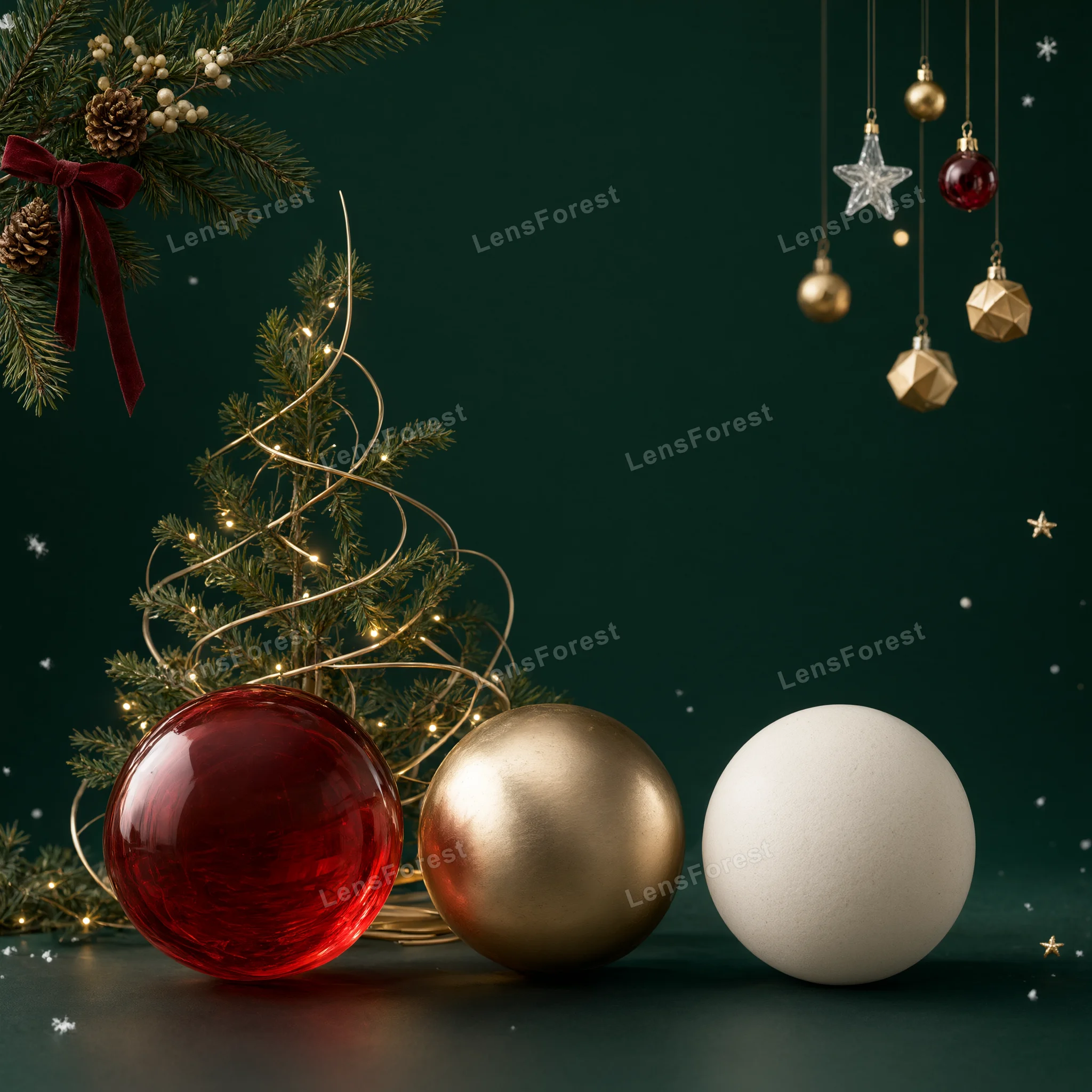 A miniature Christmas tree with gold wire, three large spheres in red, gold, and white, and hanging ornaments on a dark green background.