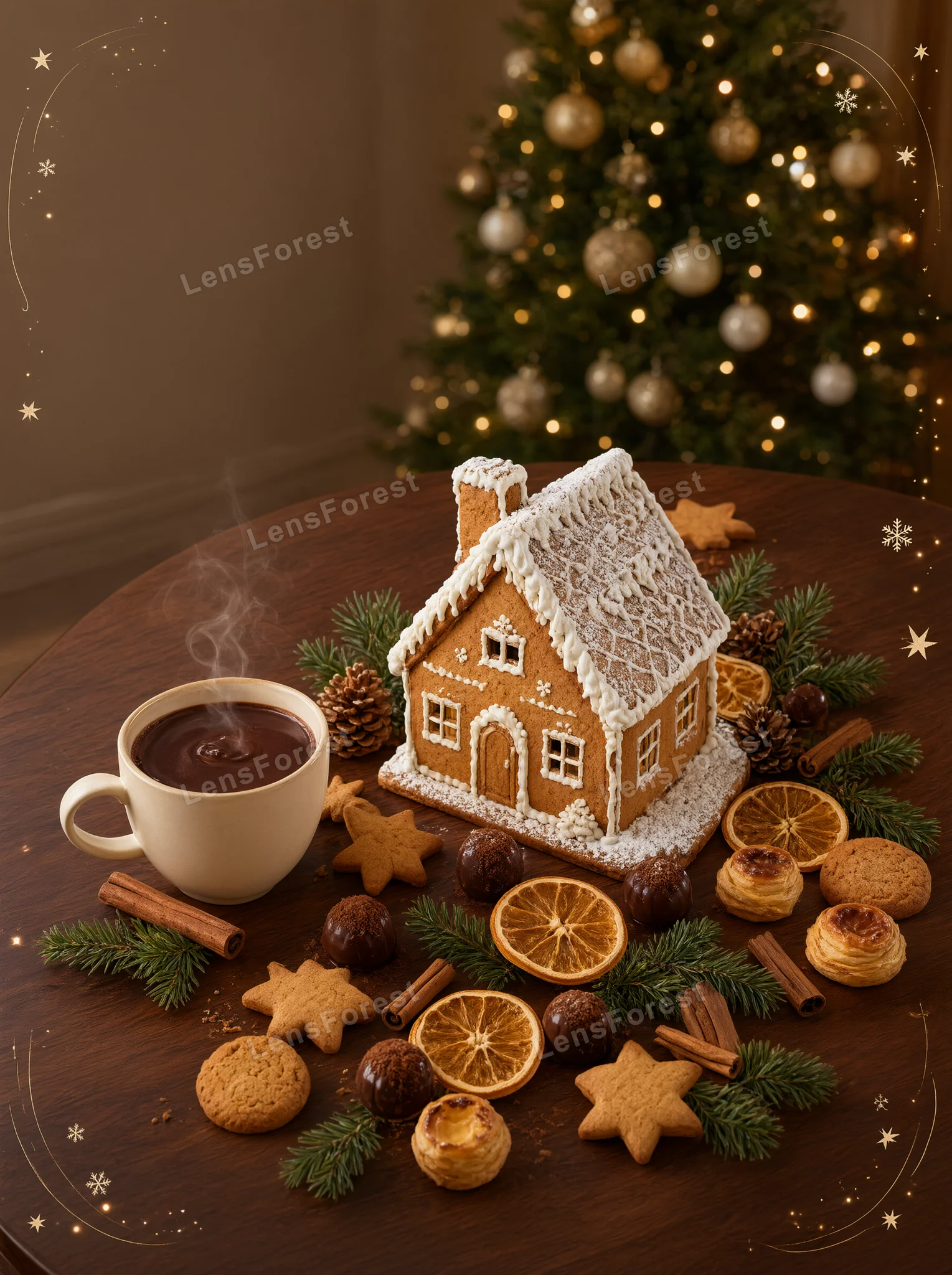 A gingerbread house, hot chocolate, and holiday cookies on a wooden table with a Christmas tree in the background.