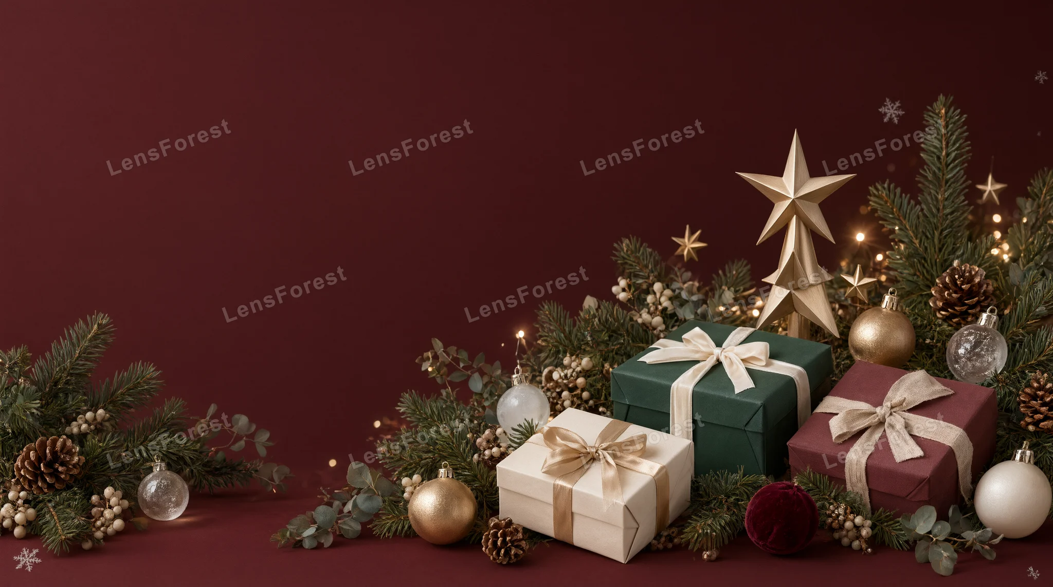 Three wrapped Christmas gift boxes in green, cream, and red with ribbons, pine branches, and gold ornaments on a dark red background.