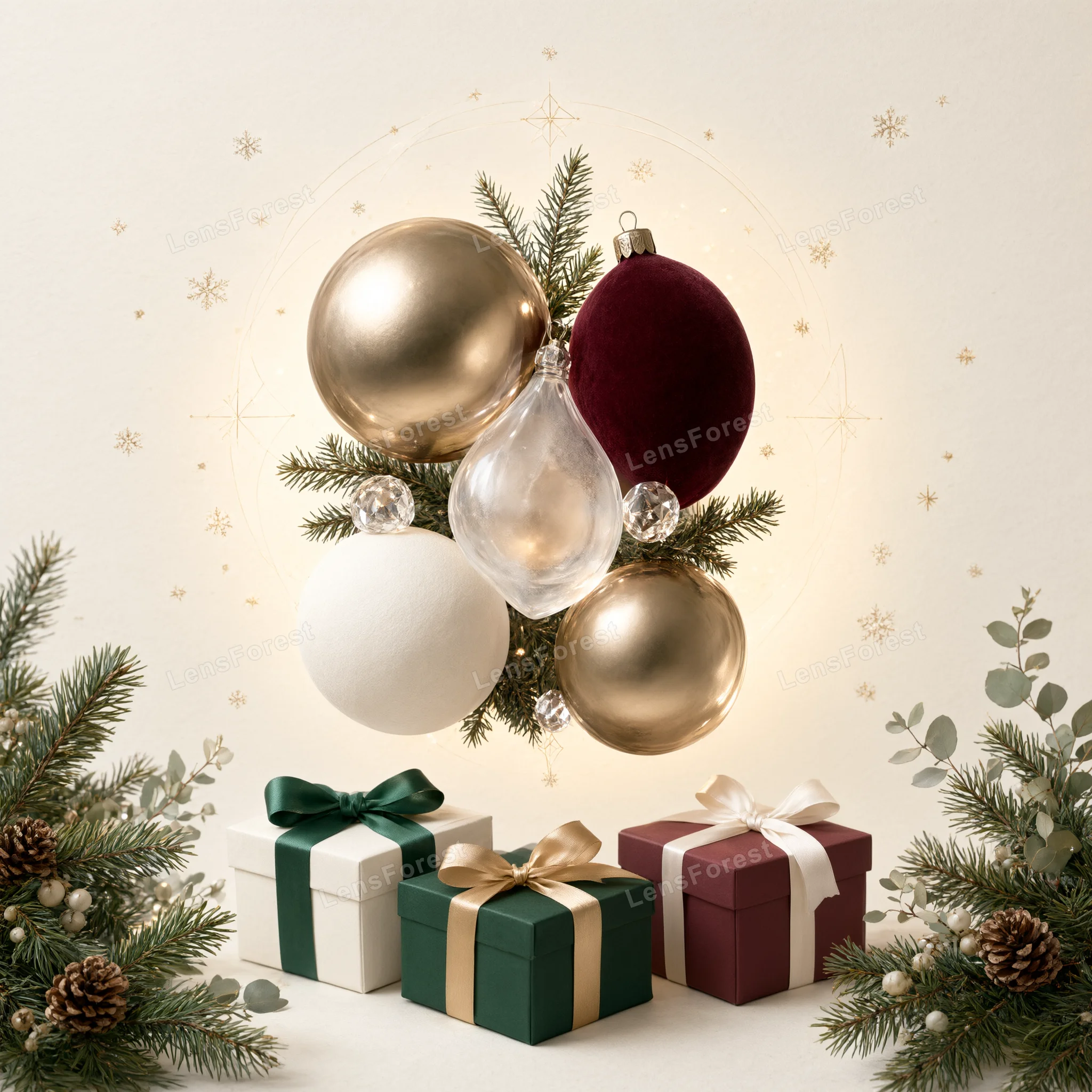 Christmas ornaments including gold, red, and glass baubles hanging above three gift boxes with ribbons on a cream background.