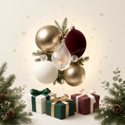 Christmas ornaments including gold, red, and glass baubles hanging above three gift boxes with ribbons on a cream background.