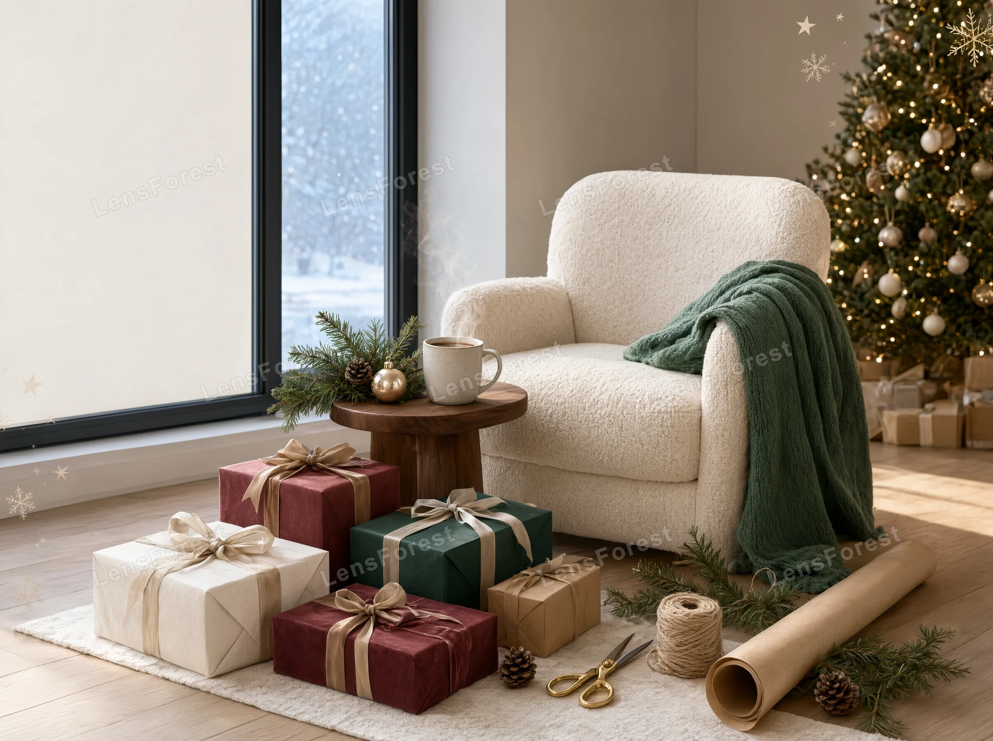 A cozy Christmas scene with a boucle armchair, wrapped gifts, a steaming mug, and a decorated tree by a window.