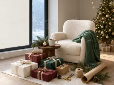 A cozy Christmas scene with a boucle armchair, wrapped gifts, a steaming mug, and a decorated tree by a window.