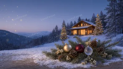 Christmas ornaments on a snowy wooden deck with a glowing mountain cabin in the background at twilight.