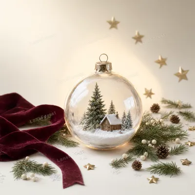 A clear glass Christmas ornament containing a miniature cabin and pine trees, surrounded by pine branches, pine cones, and gold stars.