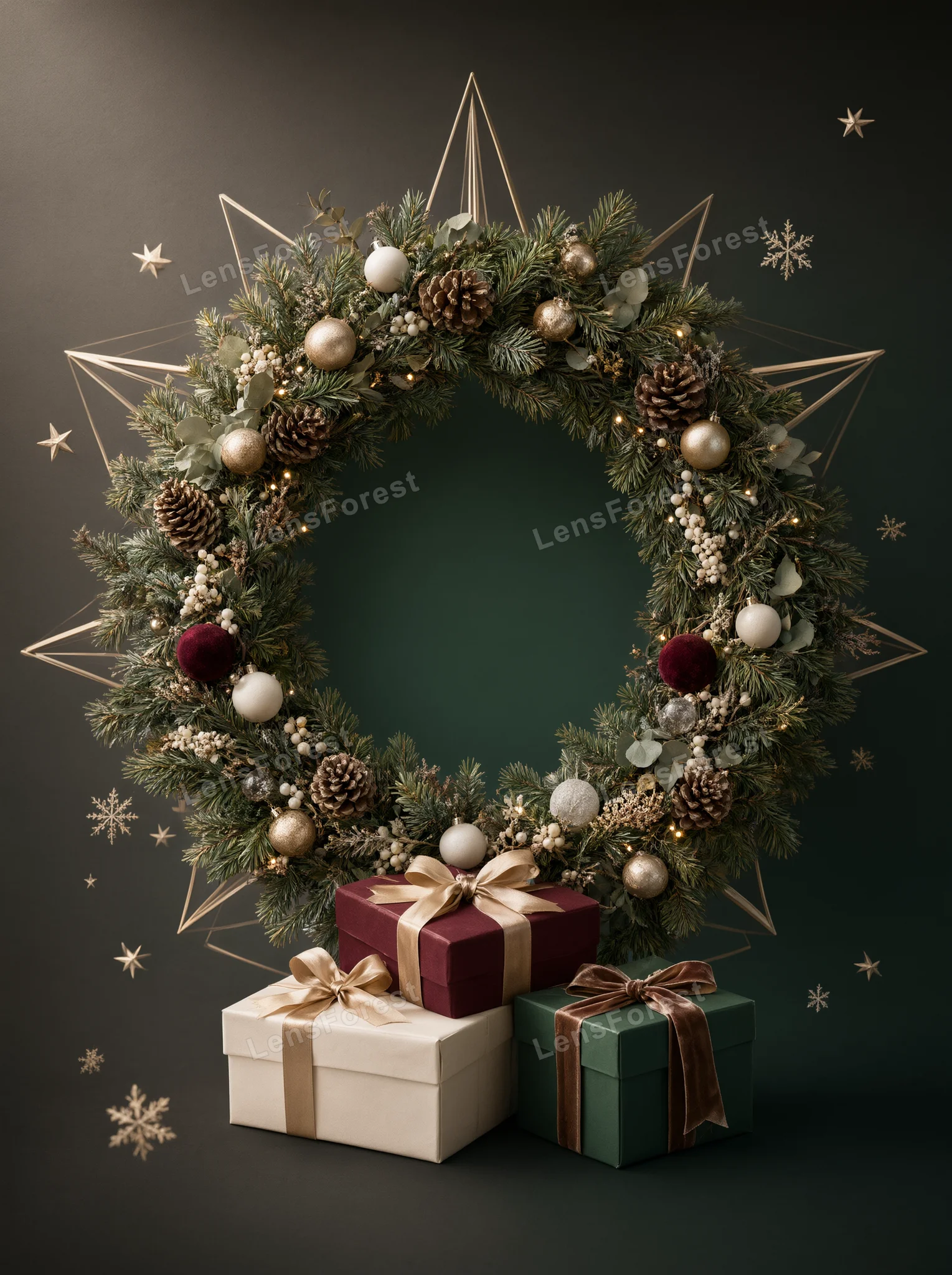 A Christmas wreath with ornaments and pine cones hangs above three wrapped gift boxes on a dark green background.