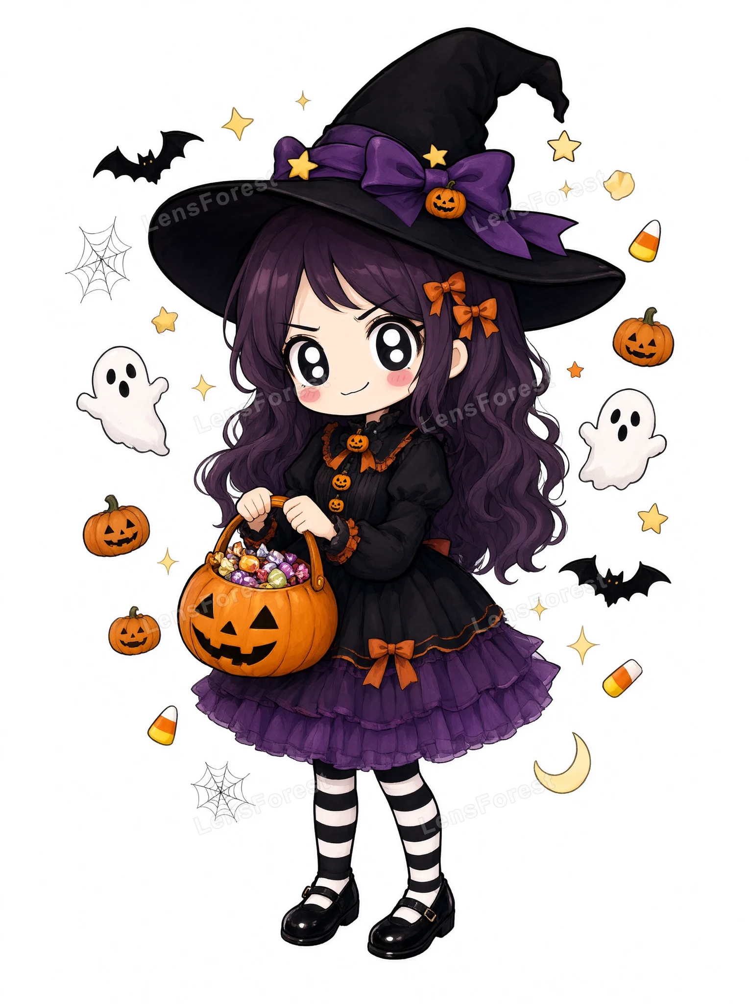 Chibi anime witch girl in a black and purple dress holding a jack-o'-lantern candy bucket, surrounded by Halloween icons.
