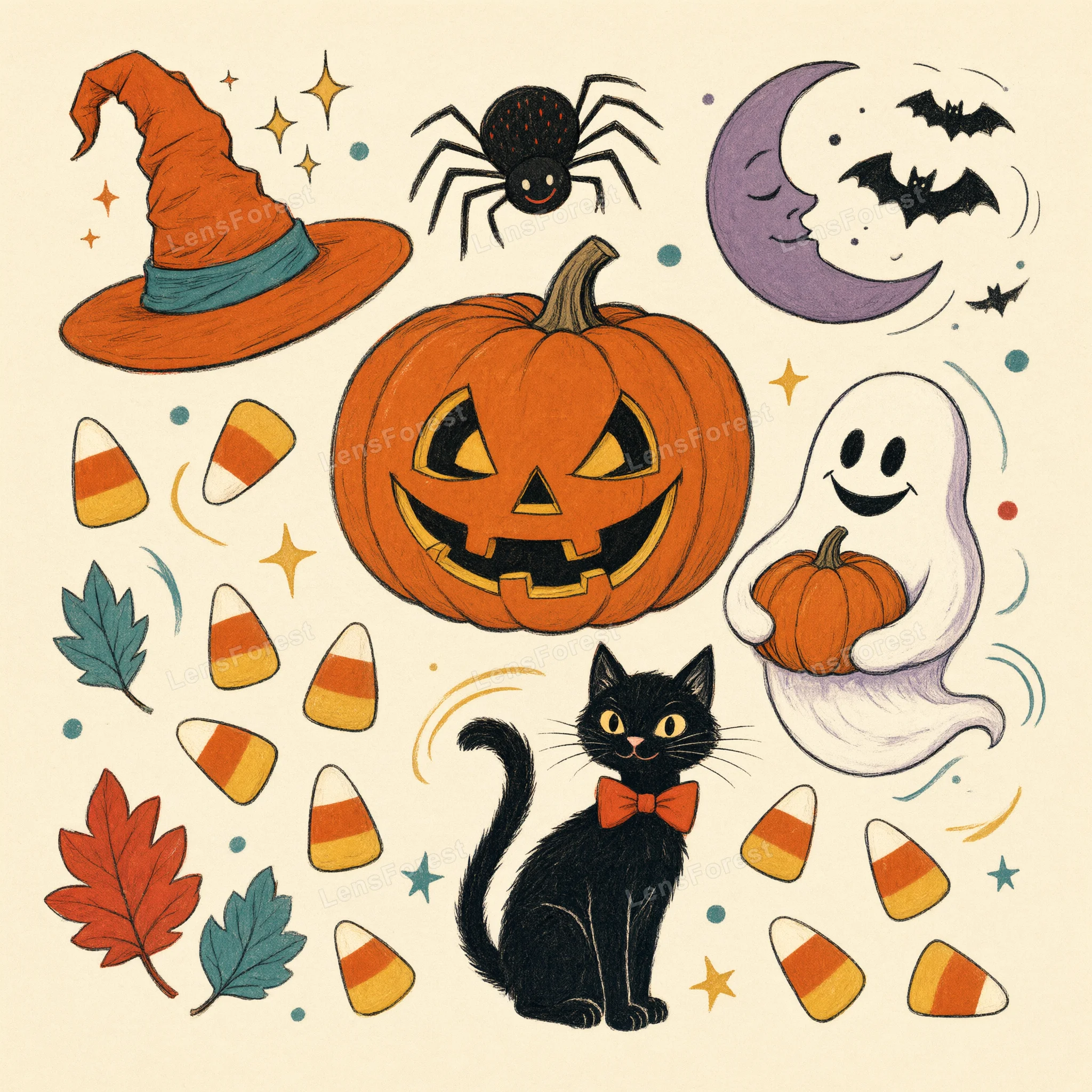 Hand-drawn Halloween illustrations including a jack-o'-lantern, ghost, black cat, witch hat, and candy corn on a cream background.