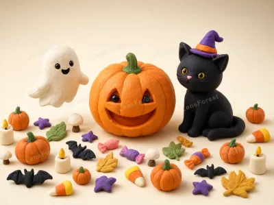 Handcrafted clay Halloween decorations including a jack-o'-lantern, ghost, black cat, bats, and candy on a beige background.
