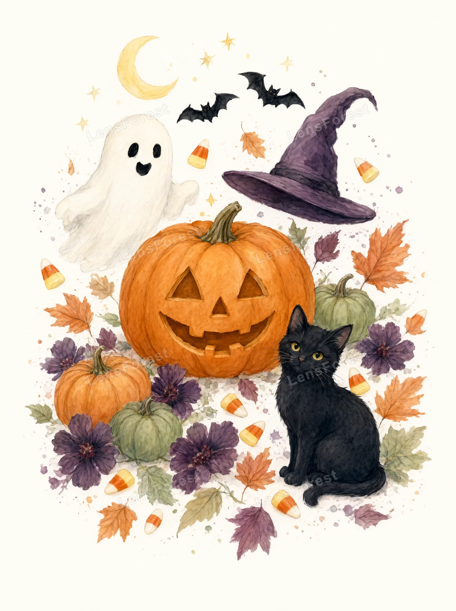 Watercolor painting of a jack-o'-lantern, black cat, ghost, witch hat, candy corn, and autumn leaves on white.