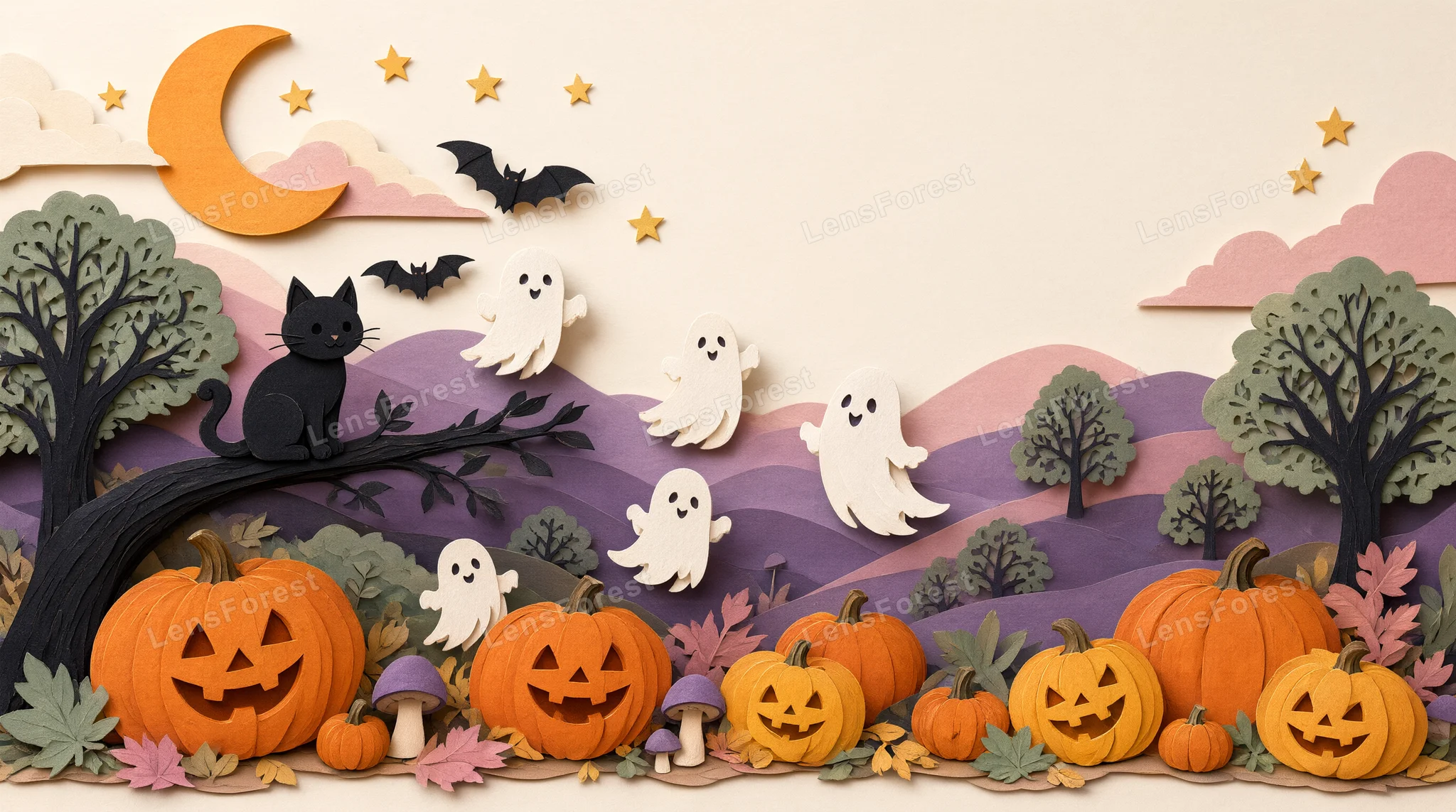 Layered paper craft art showing a black cat on a tree, jack-o'-lanterns, and ghosts against a hilly landscape.