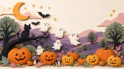 Layered paper craft art showing a black cat on a tree, jack-o'-lanterns, and ghosts against a hilly landscape.