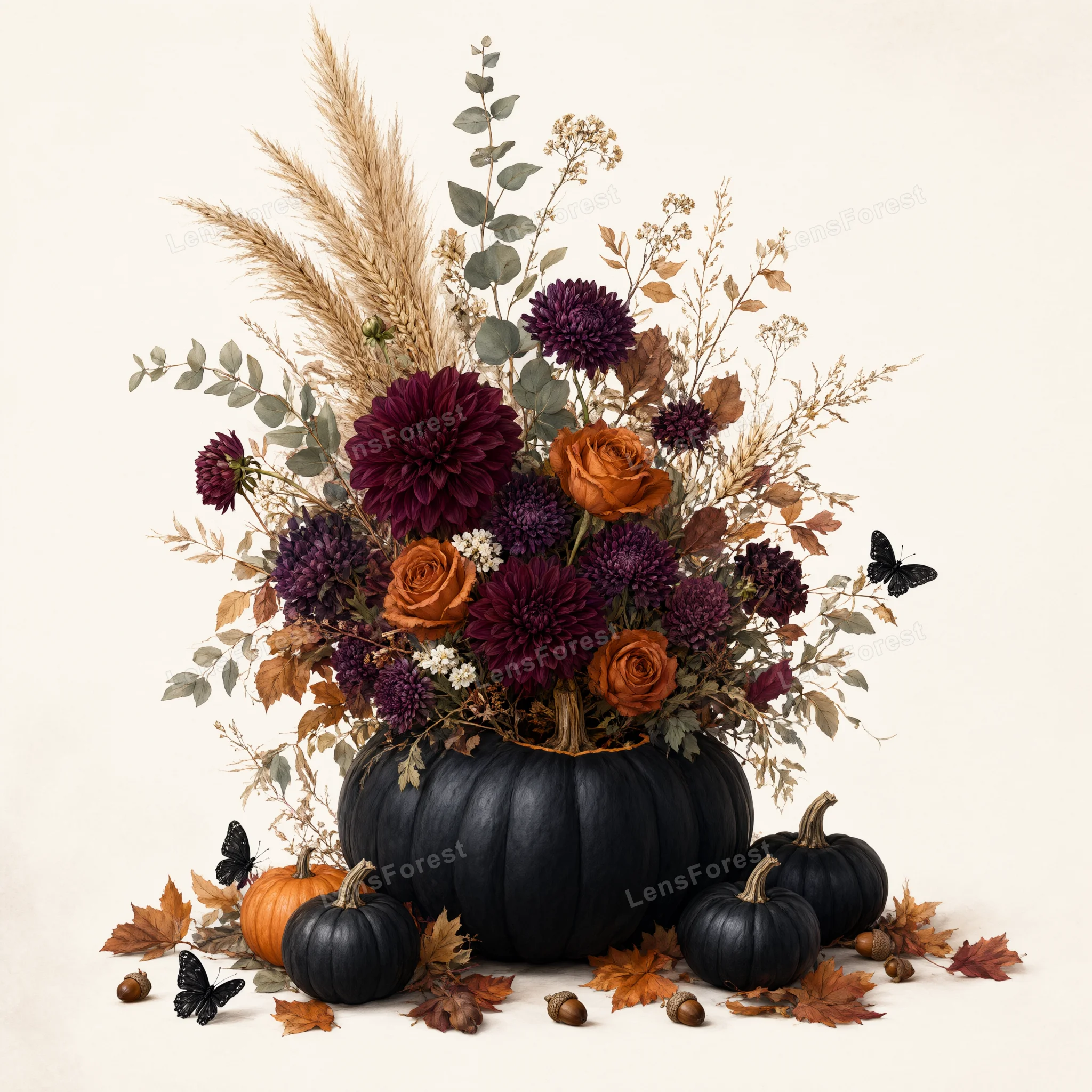 A floral arrangement of dark dahlias and roses in a black pumpkin vase, surrounded by small pumpkins, leaves, and butterflies.