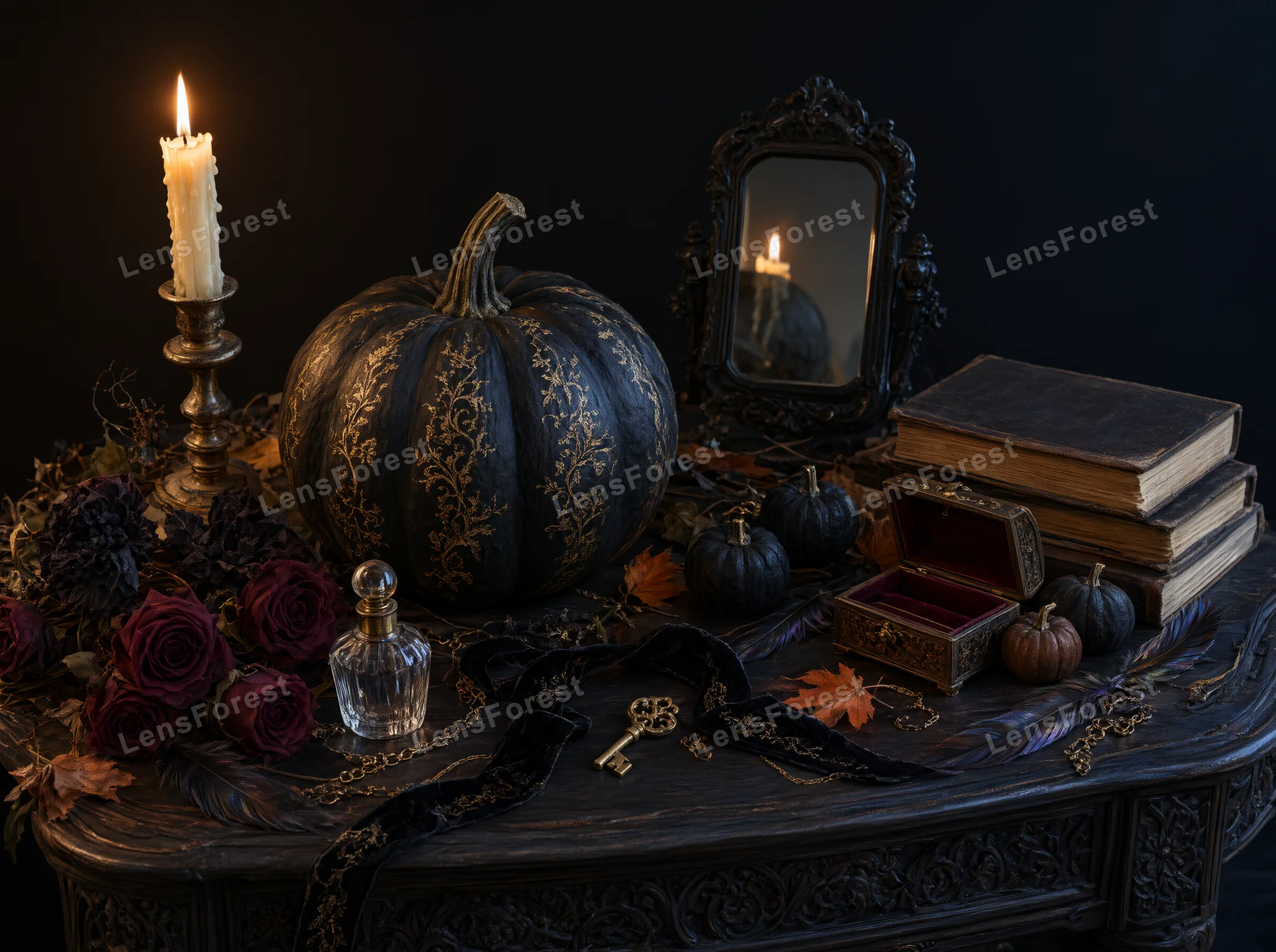 A dark still life scene with a gold-patterned black pumpkin, a lit candle, an antique mirror, and old books on a wooden table.