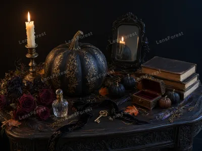 A dark still life scene with a gold-patterned black pumpkin, a lit candle, an antique mirror, and old books on a wooden table.