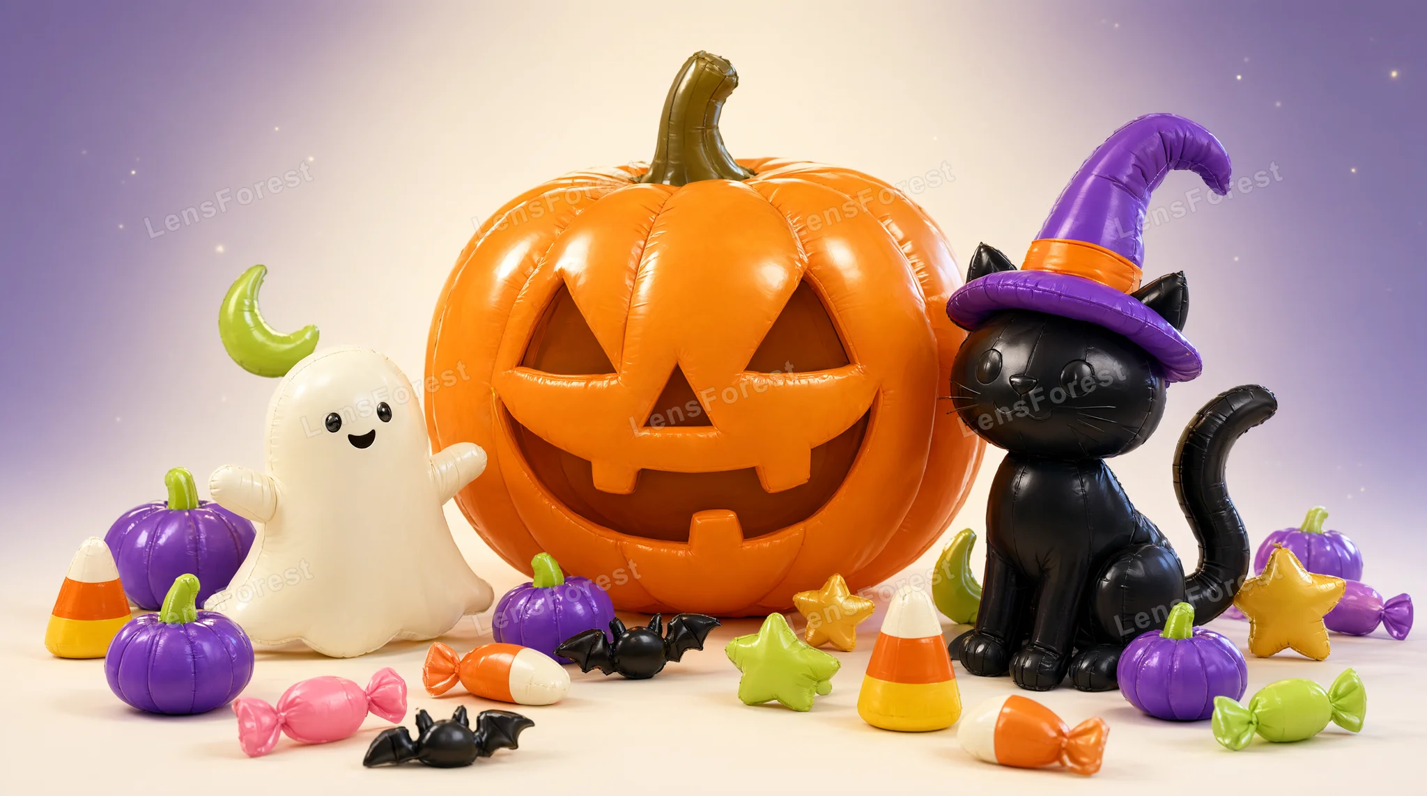 Inflatable Halloween decorations including a large pumpkin, a ghost, and a black cat with a witch hat on a neutral background.