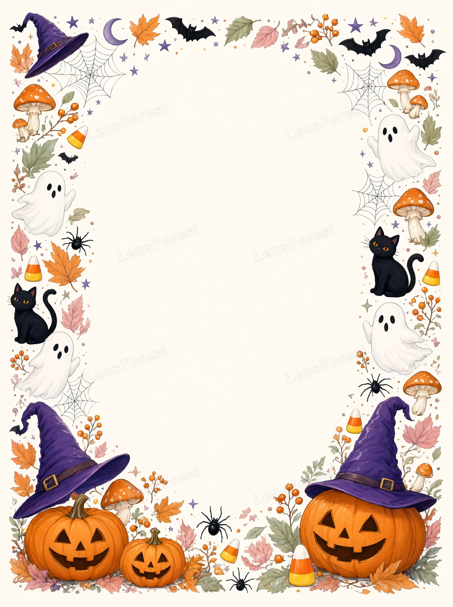 Halloween border illustration with pumpkins, ghosts, witch hats, and autumn leaves on a white background.